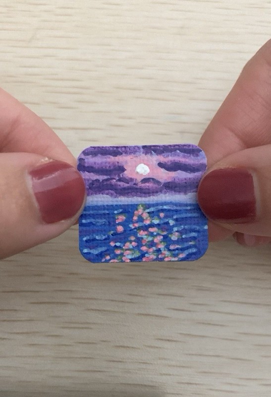 Original Miniature Tiny Painting Sunset Ocean Moon Sky Clouds by Ella Shore