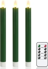 Green Flameless Taper Candles with Remote, Christmas Real Wax LED 3-Green 