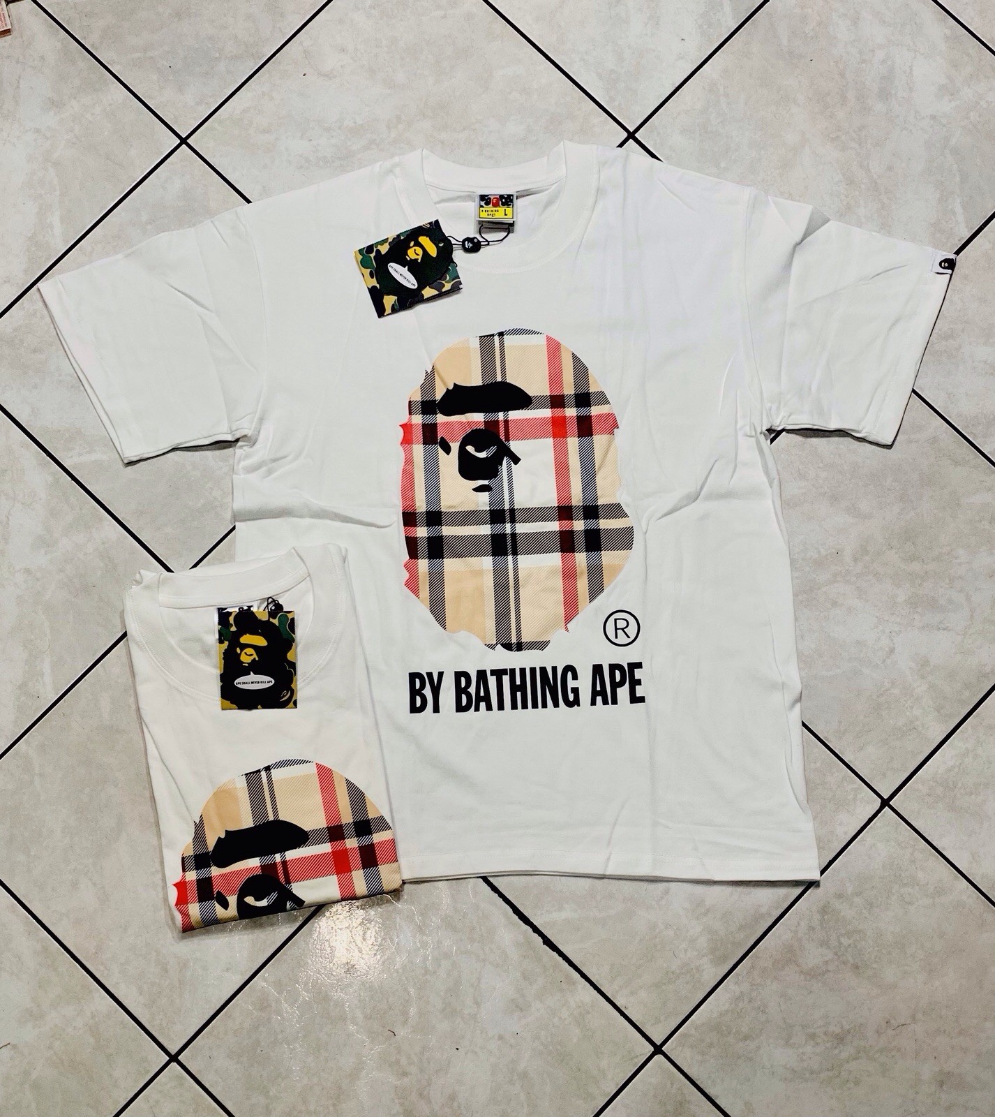 A Bathing Ape plaid graphic print T-Shirt size L regular fit tags included 