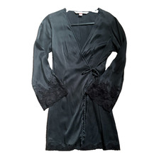Victoria's Secret Black Silk 100   Wrap Robe Lace Trim M/L Coquette Vintage Y2K