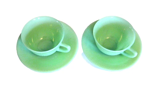 2 Fire King Jade Jadeite Ribbed Tea / Coffee Cups & Saucers Set Jane Ray