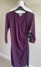 PURE Collection Dress, UK 10,  purple ruched wrap stretch 3/4 sleeve midi - BNWT