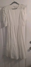 A New Day Midi Dress Peasant Boho White Eyelet Puffy 3/4 Sleeve Pockets Size S