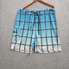 Hurley Men Swimwear 38 Blue Embroidered Board Shorts Plaid Activewear Logo 10"