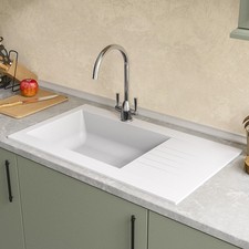 Single Bowl Inset White Composite Kitchen Sink with Reversible Draine BeBa_28567