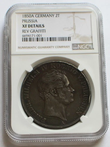 1850A Germany 2 Thaler Prussia Silver 2T coin - NGC XF Details Rev Graffiti
