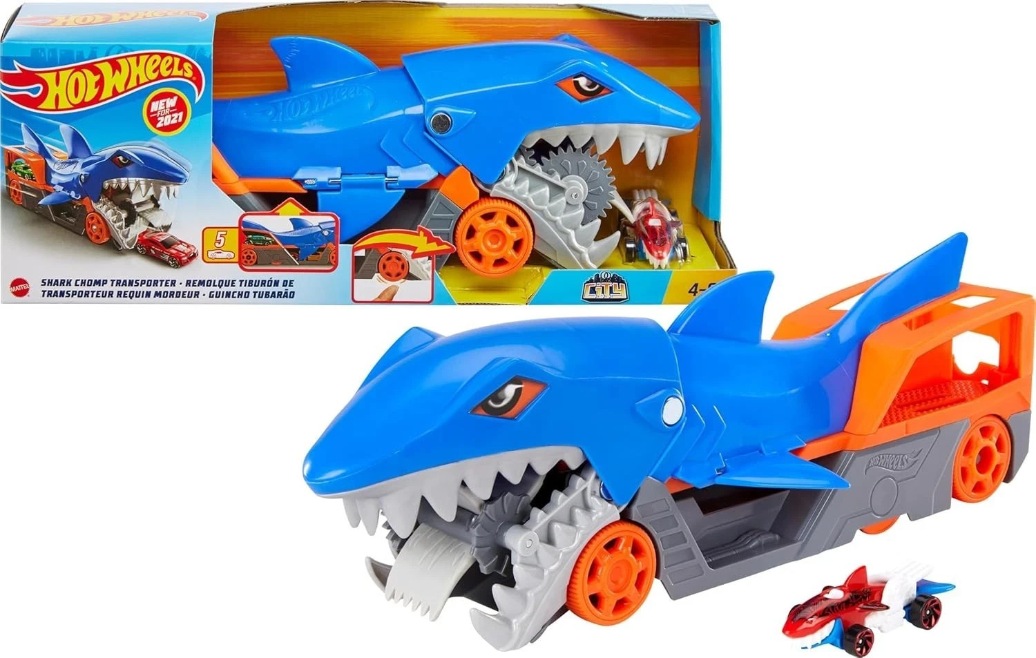 Hot Wheels Shark Chomp Transporter Playset with 1 Toy Car in 1:64 Scale