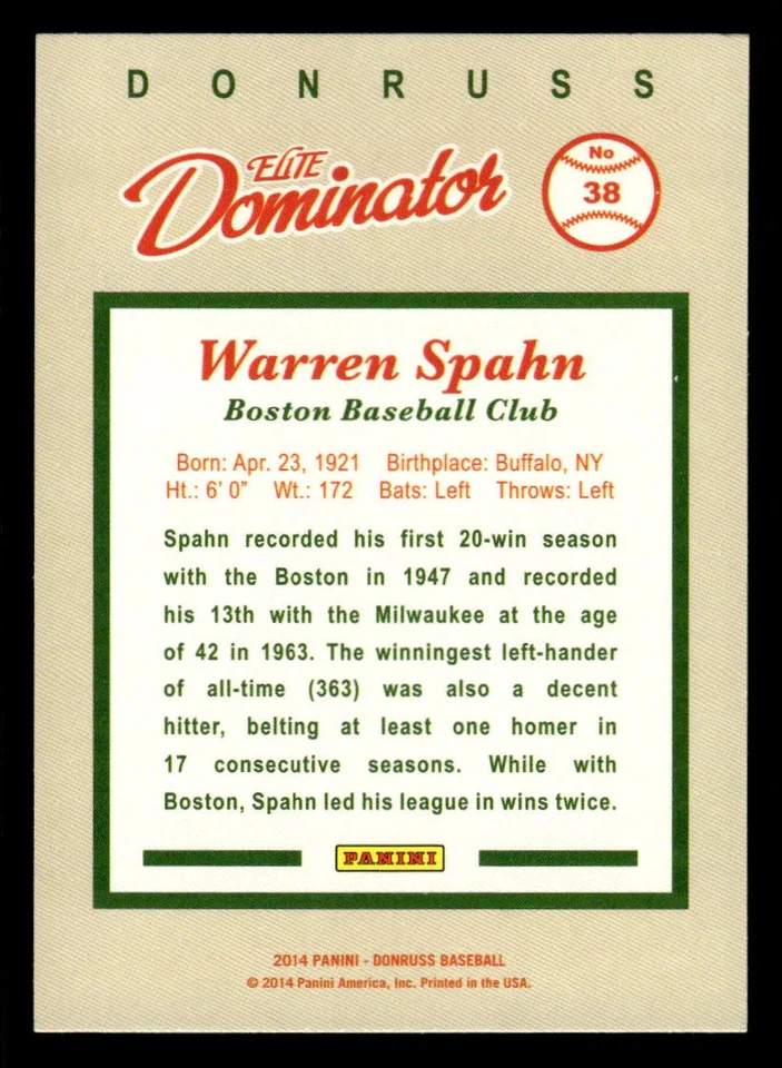 2014 PANINI HALL OF FAME 75TH YEARELITE DOMINATOR WARREN SPAHN 38 MINT BRAVES - Image 2 of 2