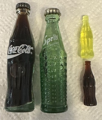 2 Miniature Glass Bottle Of Coca Cola And Sprite & 2 Small Plastic Bottles