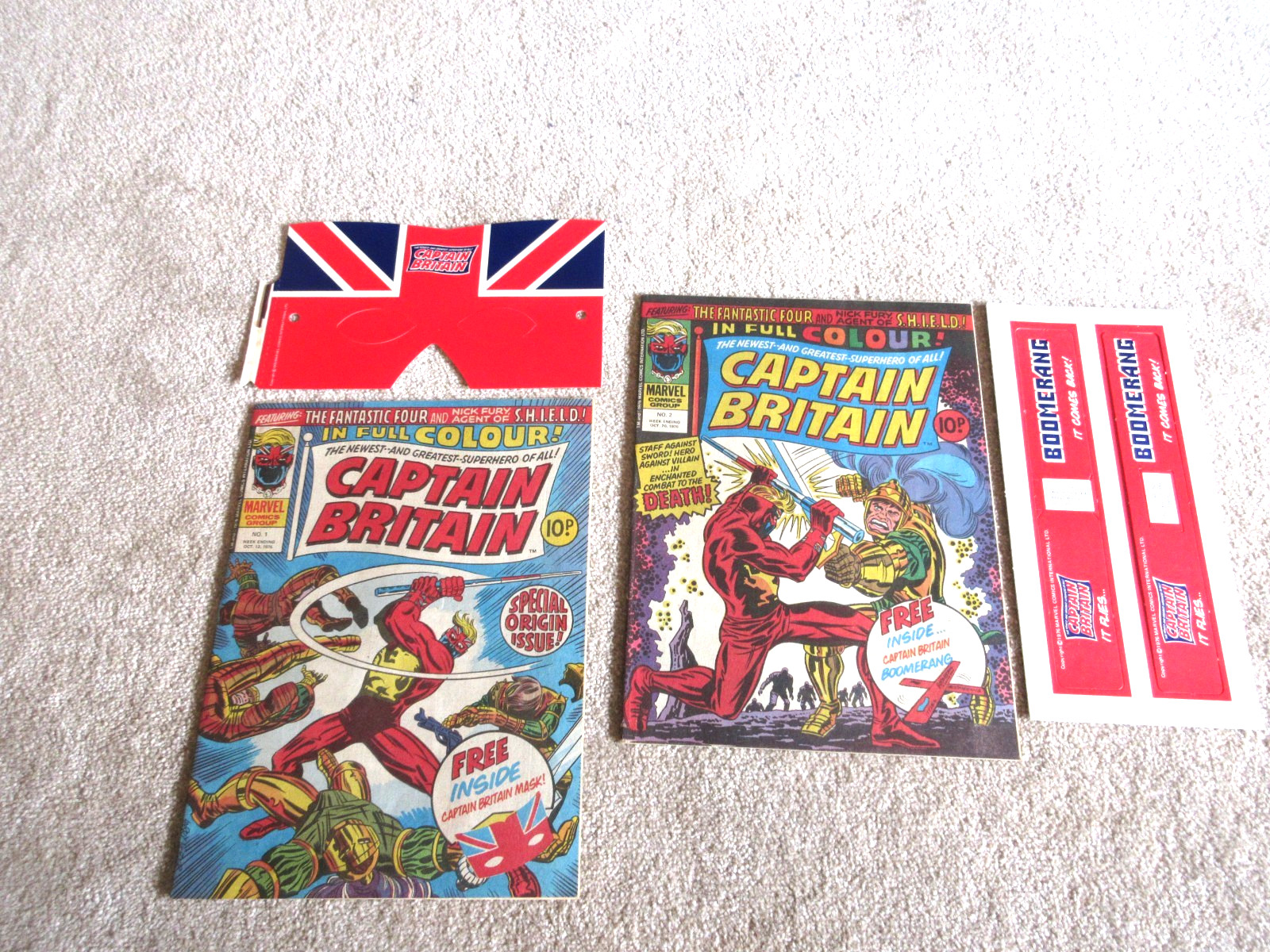 Captain Britain Comics  # 1 & 2 both with free gifts ,Marvel UK 1976 FN+/VF