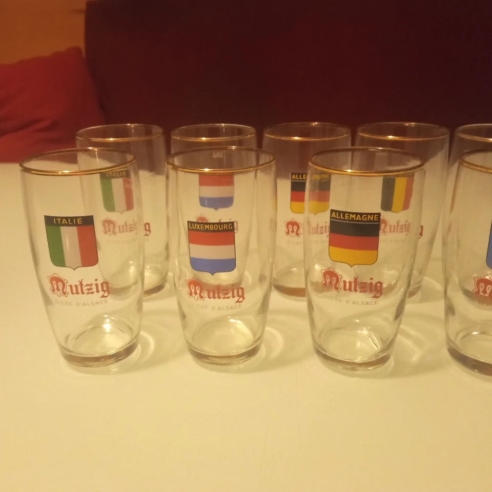 MUTZIG   Bière   12  verres   à   bière    20 cl    décor   DRAPEAUX     VINTAGE - Photo 4/4