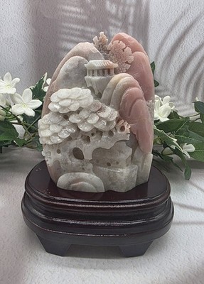 Pink Opal Mountain Screen Carving on Wood Stand Scenic Gemstone Display