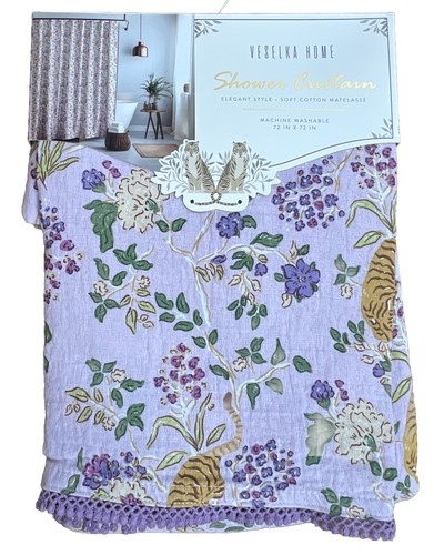 Veselka Home Duschvorhang Weiche Baumwolle Matelasse Lila Borte Blumen Tiger Neu