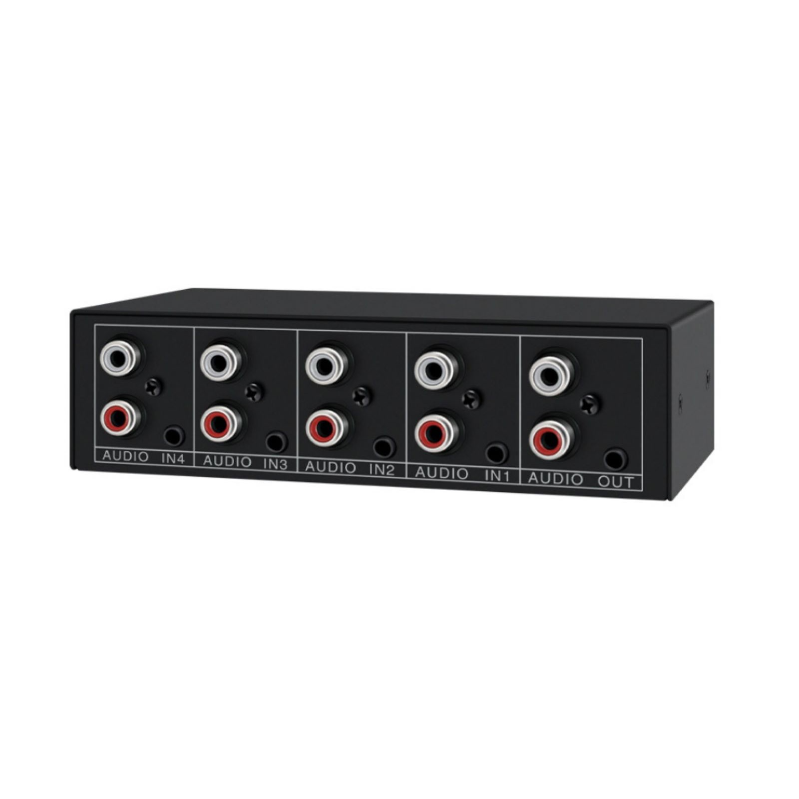 Stereo Audio Switcher supports 3.5mm input with 3.5mm and RCA L/R output