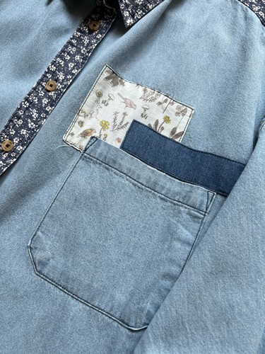 New boutique Easel women's S blue jean denim floral bird long sleeve button top - Picture 5 of 12
