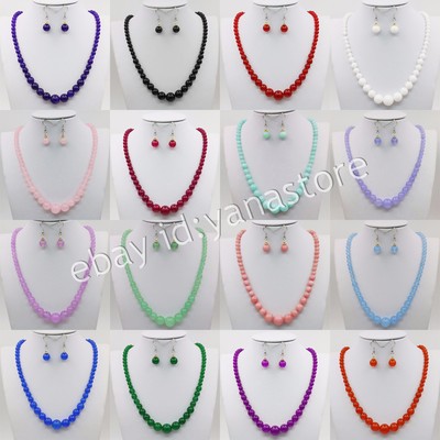 6-14m Mehrfarbig Jade Edelstein Rund Perlen Halskette Ohrringe Schmuck Set 18''