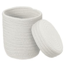 White Small Cotton Rope Woven Storage Basket, Round with Lid, 5.8x5.6"