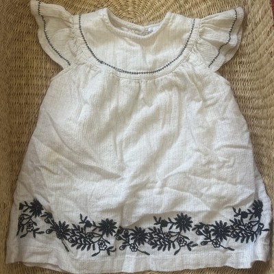 Zara Baby Cotton Linen Cream Dress 18-24 Months Button Black Embroidered