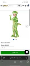 Spirit Halloween Green Dinosaur Costume Complete Outfit Unisex Toddler 3T-4T