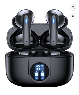 Bluetooth Wireless In-Ear Earbuds, Built-In Mic, LED Charging Case - Black