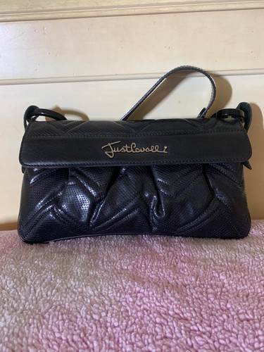 Just Cavalli Black Textured Leather Mini Shoulder Bag with Chainlink Strap