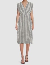 T Tahari Women's White Dropped-Shoulder Pleated V-Neck Midi Dress Size 12