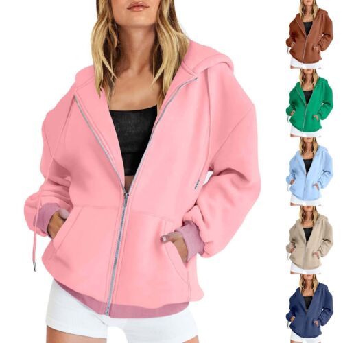 Womens Zip Up Hoodies Long Sleeve Sweatshirts Fall Oversized Casual Jackets