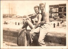 Vtg Photo 1940s US Army Soldier Man Woman Swimsuit City WW2 Beach Posing B W