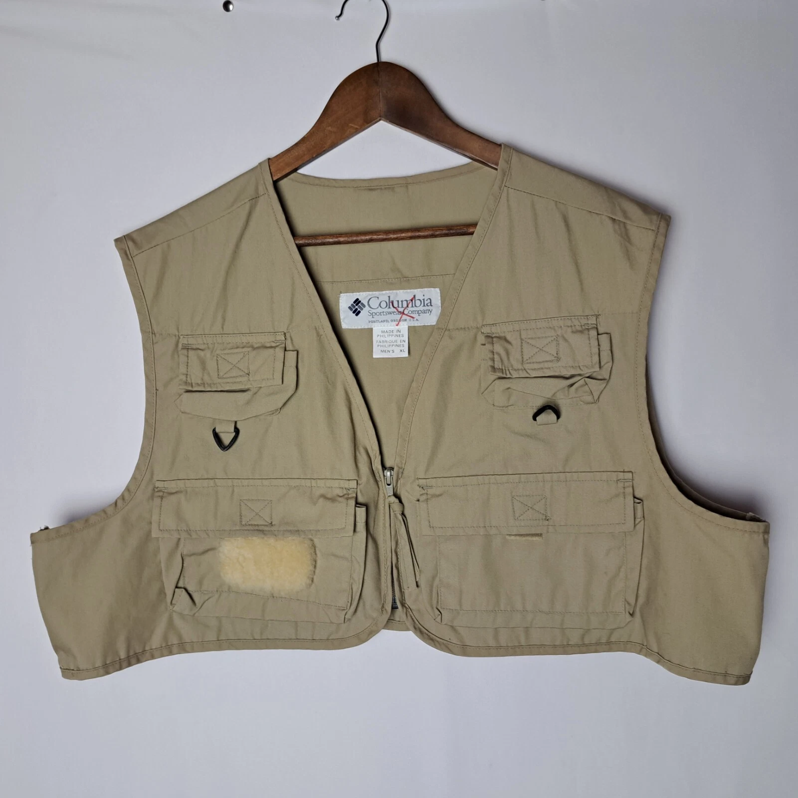 Columbia PFG Fly Fishing Vest Mens XL Beige Canvas Zip Up Cargo Pockets Outdoors