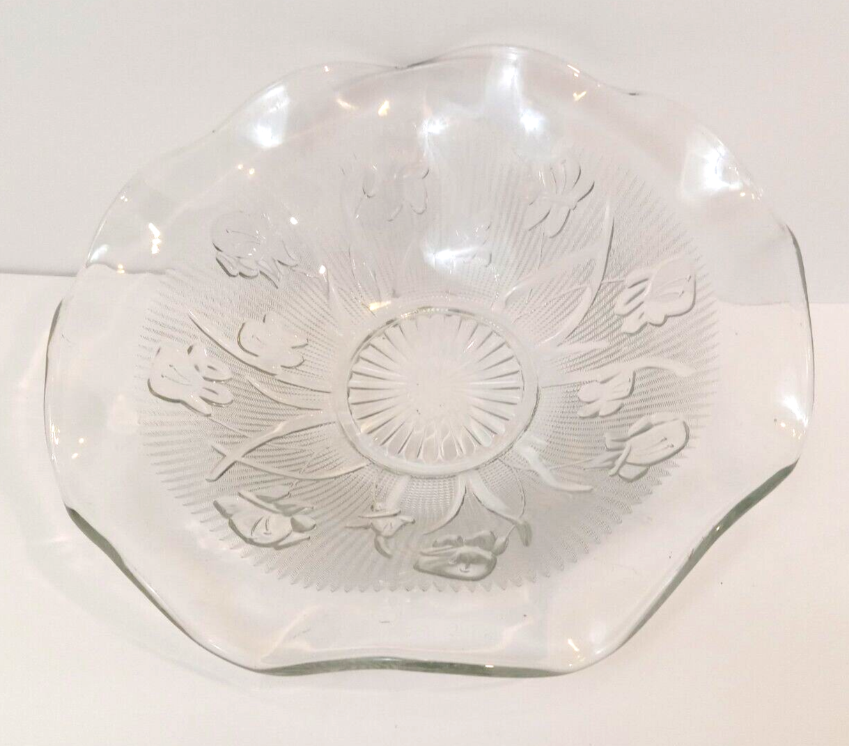 Clear Floral Pressed Glass Serving Bowl 11x11x4 for Fruit and Snacks