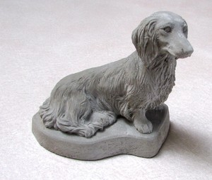 Concrete Long Hair Dachshund Statue Memorial Grave Marker Wet