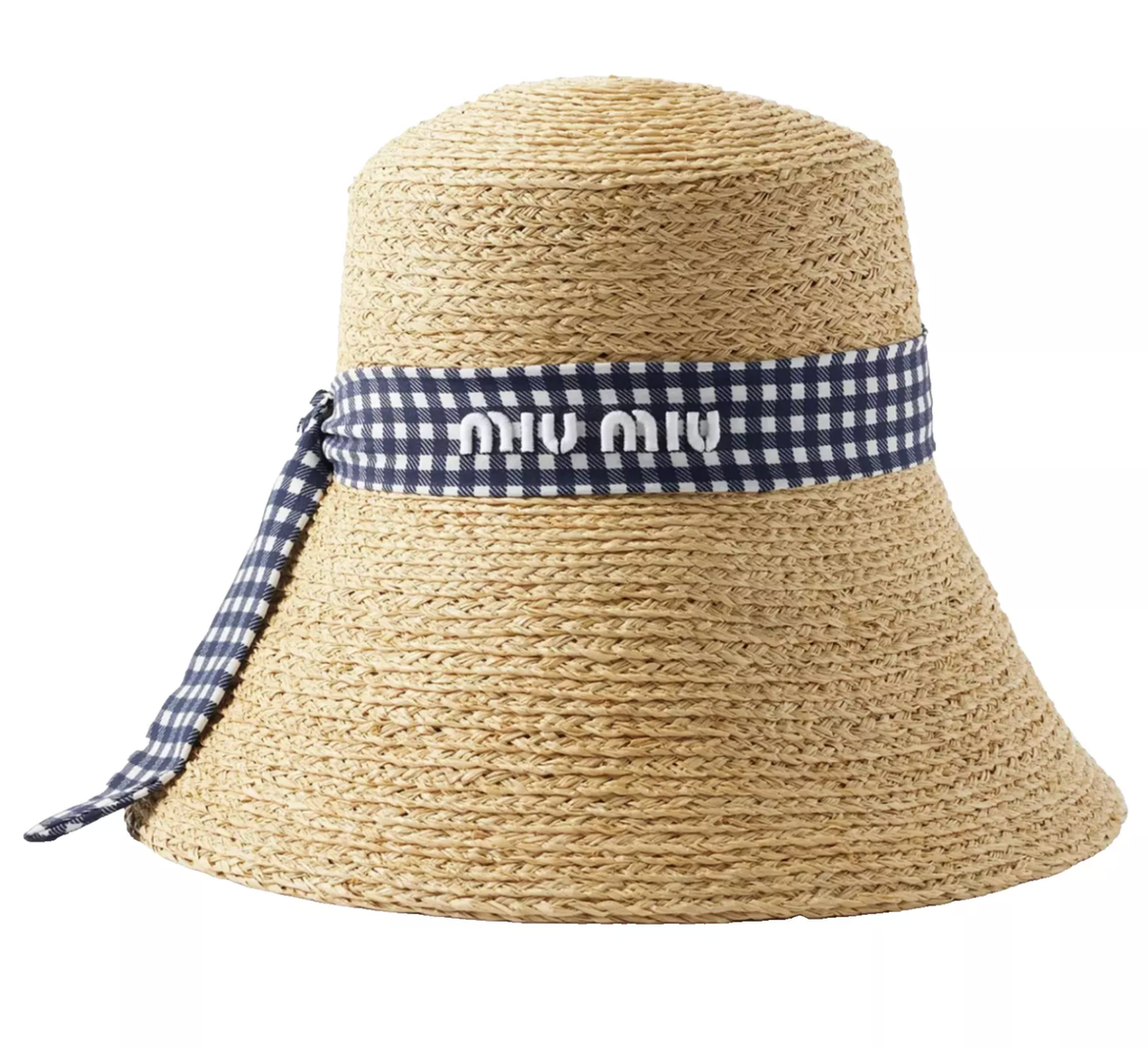 【MIU MIU】RAFFIA BUCKET BAG Mini logo raffia-effect bucket bag in brown - Miu Miu