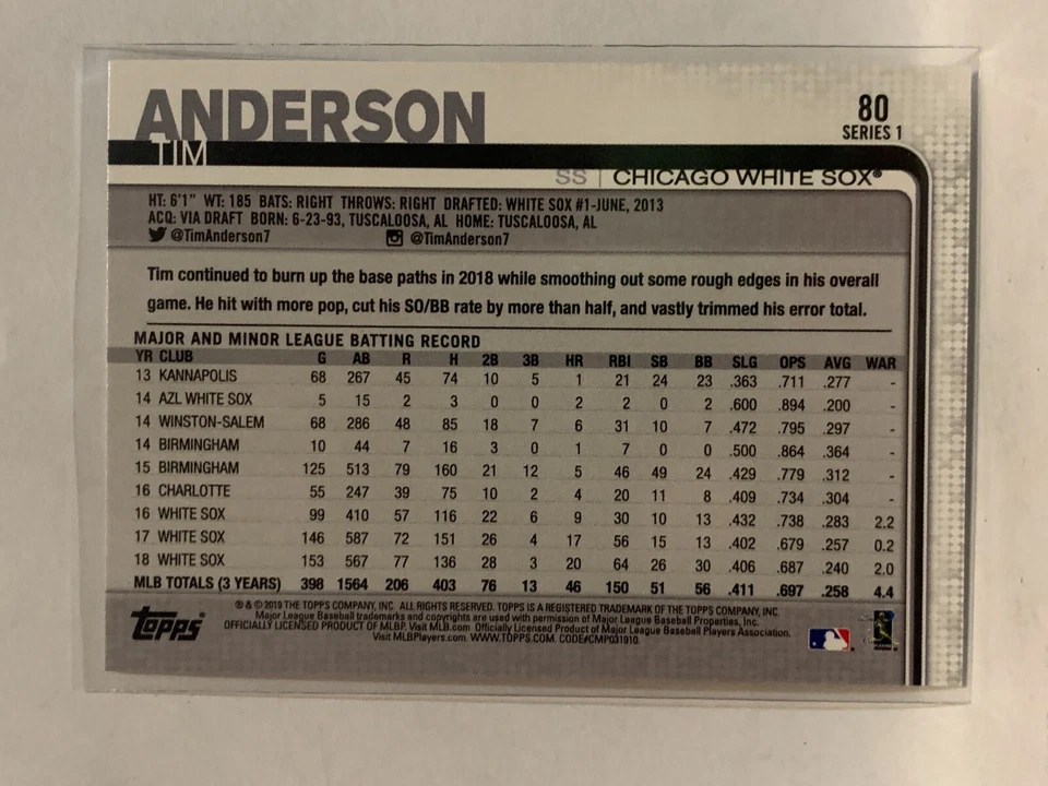 #80 Tim Anderson Chicago Cubs 2019 Topps Series One Baseball Card - Image 2 of 2