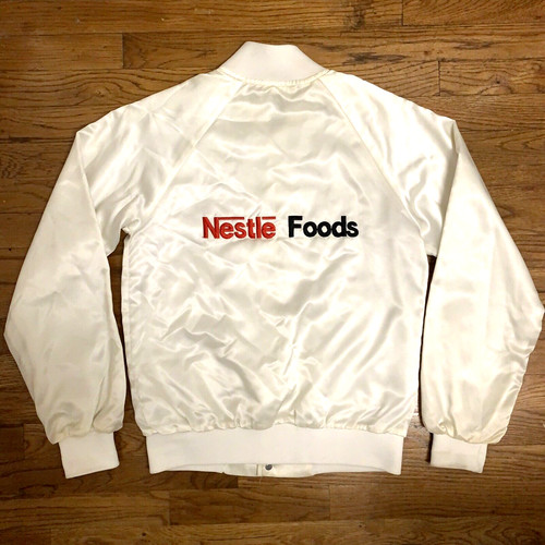 Vtg Nestle Foods Jacket Satin Snap Spell Out Logo Made USA Windbreaker Lined S