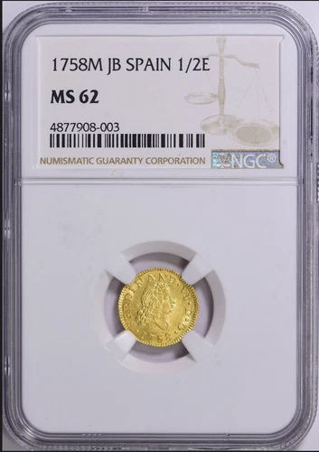 1753-M (JB) Spain 1/2 Escudo Gold Coin NGC MS62, Looks better