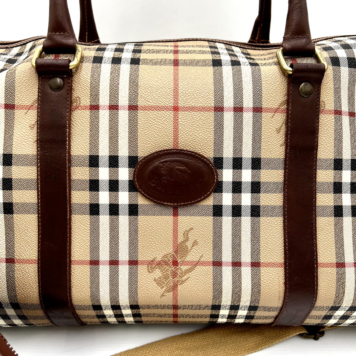 Vintage BURBERRY Travel Boston Bag 2Way Haymarket Nova Check Beige