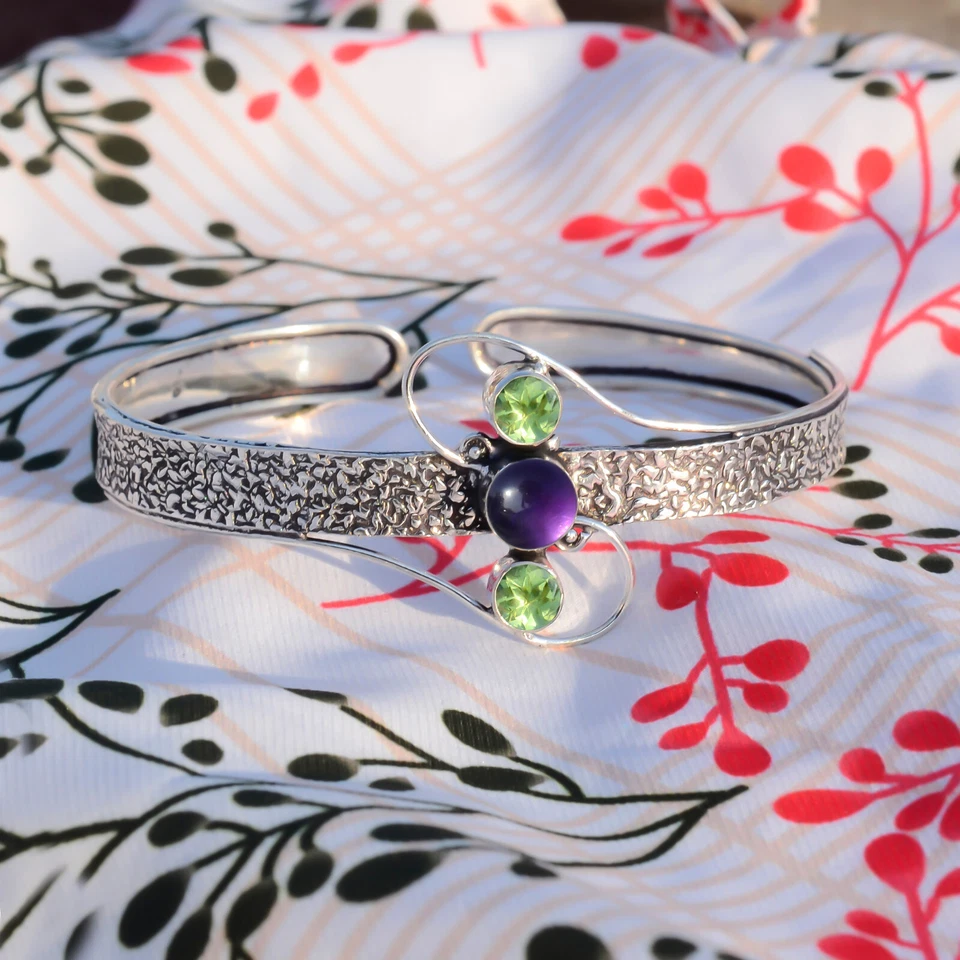 Runder Amethyst & Peridot Schliff Edelstein 925 Sterling Silber Charming Armr... - Bild 3 von 4