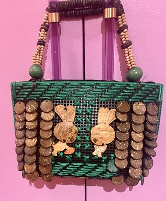 Handcrafted THAI Folk Art Coconut Shell Handbag CUTE RABBITS!  OOAK