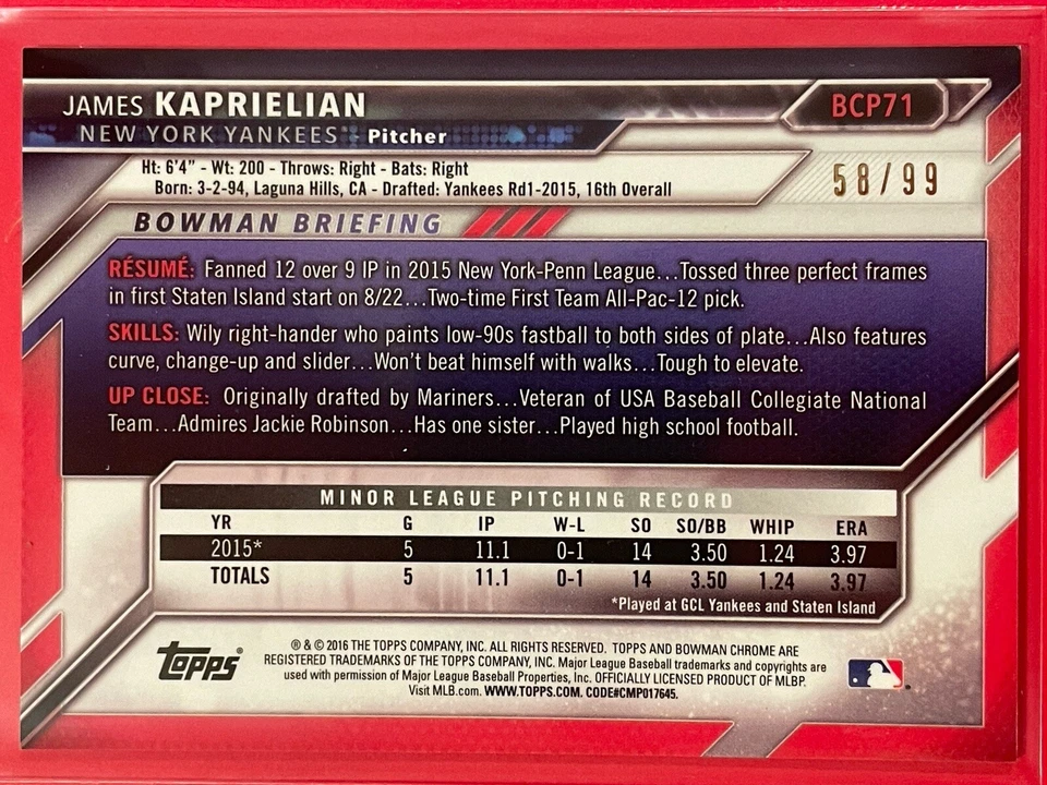 2016 Bowman Chrome Prospects James Kaprielian Green Shimmer Refractor /99 #BCP71 - Image 2 of 3