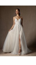 Azazie Nikita Diamond White Nude A-Line Sequins Tulle Wedding Dress 
