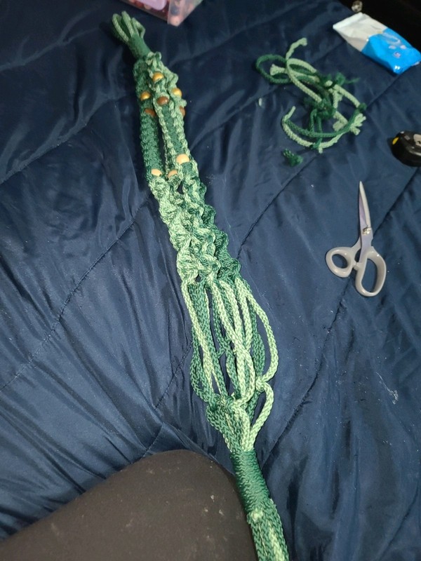 GREEN AND LT GREEN WELL MADE MACRAME PLANT HANGER WITH BEADS  - 37IN
