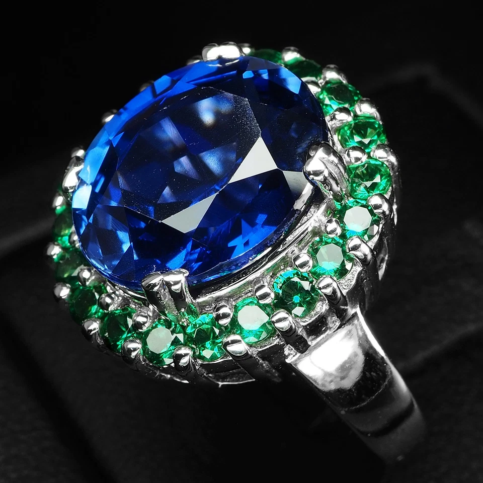 Inestimables anillos con halo de oro blanco de plata de ley 925 de 8,10 quilates con zafiro azul real Foto 4 de 4