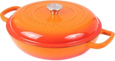 Flache Gusseisen Kasserolle mit Deckel - Antihaft 3,7 Quart - flach, orange 
