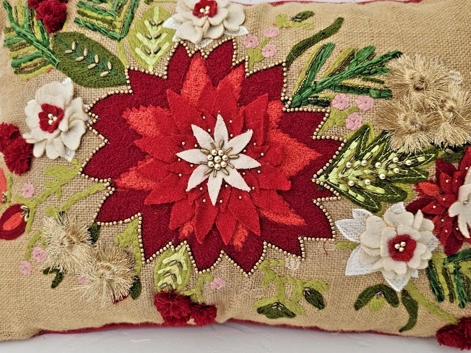 Vintage Christmas  Poinsettia 3-D Embroidered Burlap Accent Zip Pillow 21" X 15" - Image 3 of 4