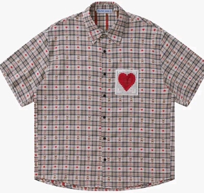 AELFRIC EDEN Shirt Cut Out Heart W/Bears Button Down Plaid Grandmacore Large 