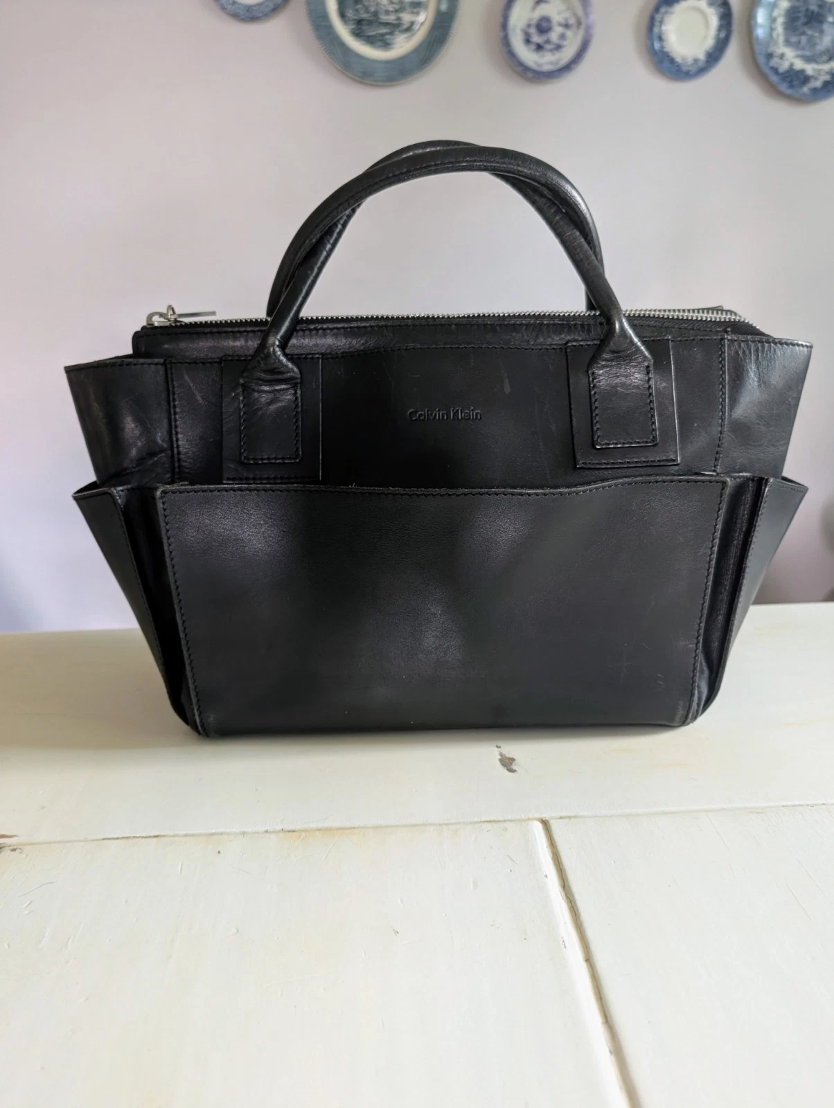 Calvin Klein Black Leather Tote Handbag Double Handle Silver Hardware 90s Style