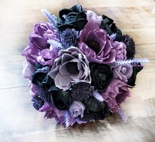 Purple  Black Bridal Bouquet Sola Wood Bridesmaid Lavender Wedding Flowers