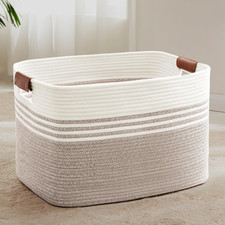 Woven Laundry Basket Cotton with Leather Handles 86L Large Rectangular Brown