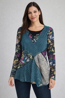 This That Sz Sm Teal Mixed Media Longline Abstract Tunic Top Fairy Grunge Witchy