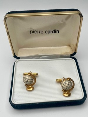 Vintage Pierre Cardin Cufflinks Gold Tone Globe World Map Novelty Boxed 5/8''